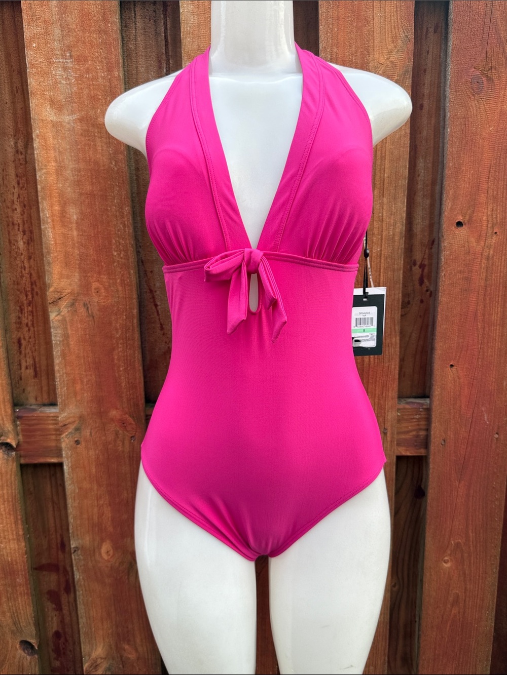 DKNY Hot Pink Plunging Tie Front Halter One Piece Swimsuit Bathing Suit NWT 8 - Picture 4 of 9